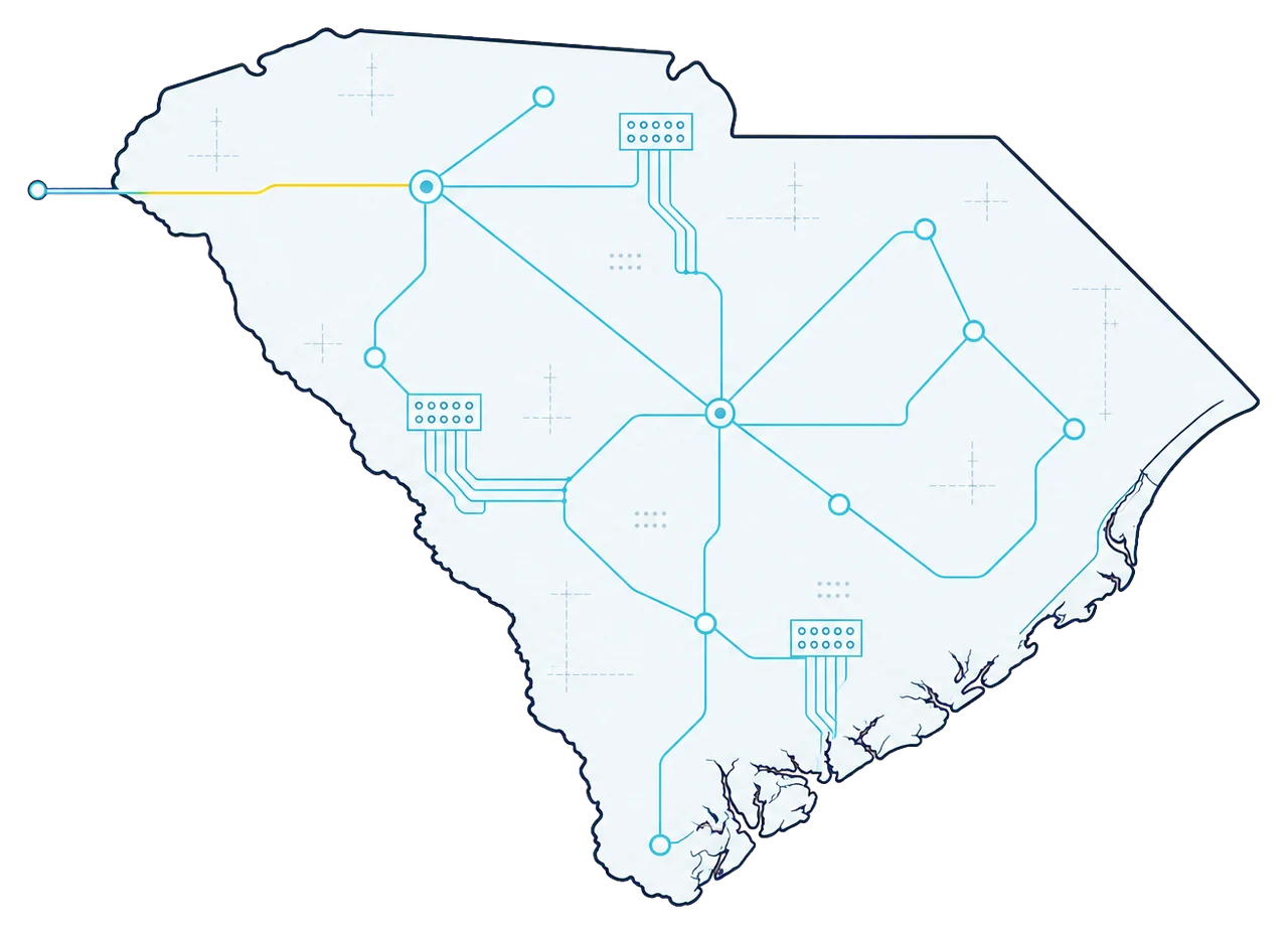 South Carolina outline with structured cabling routes and network connection nodes