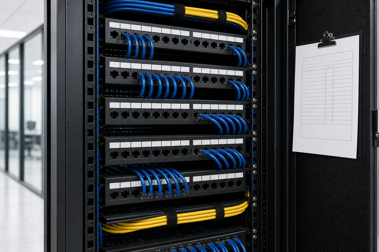Organized commercial network rack with labeled patch panels and handoff documentation