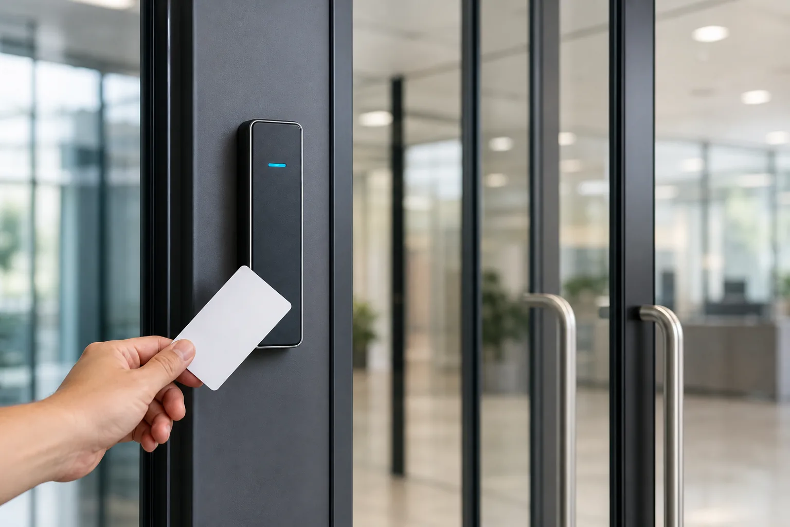 Access card presented to a commercial door reader