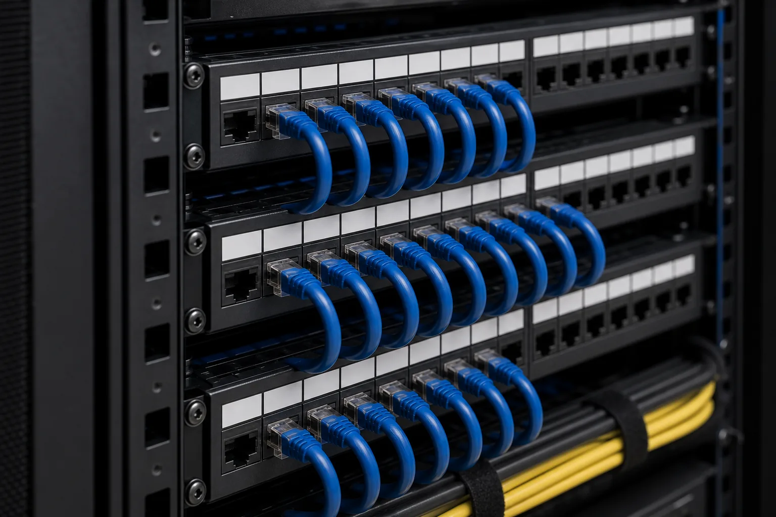 Organized blue data cabling terminated at a commercial patch panel