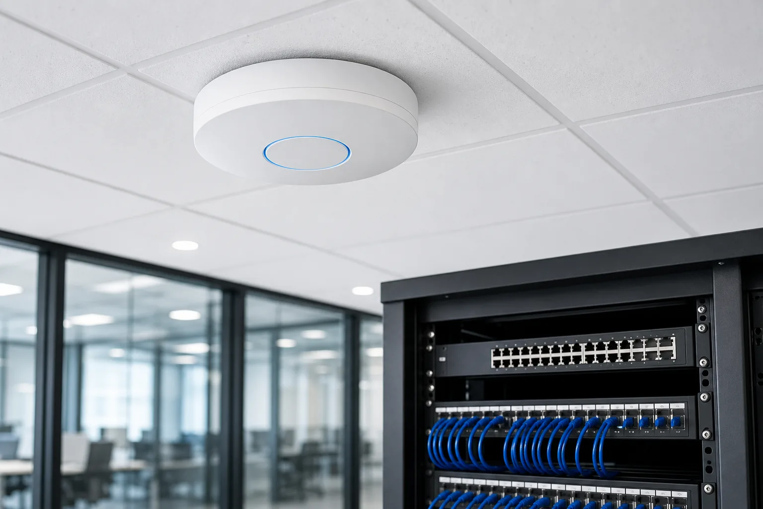 Commercial Wi-Fi access point and organized network rack