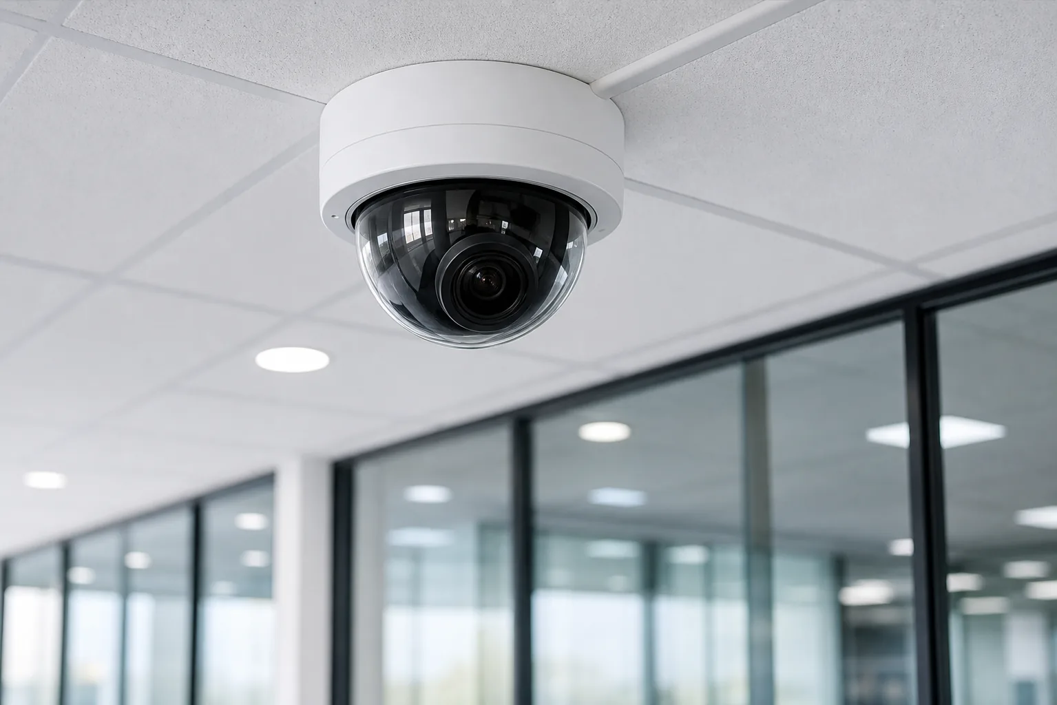 Commercial dome surveillance camera installed in a modern office