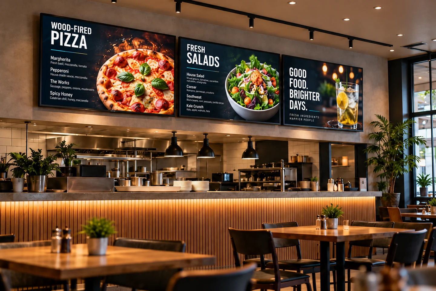 Restaurant illustration with three digital menu boards above the counter